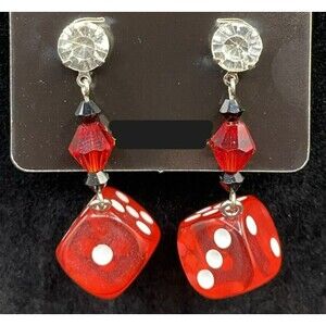 Handmade Red Dice with Red & Black Crystal Bead Earrings by Neanie-Bot